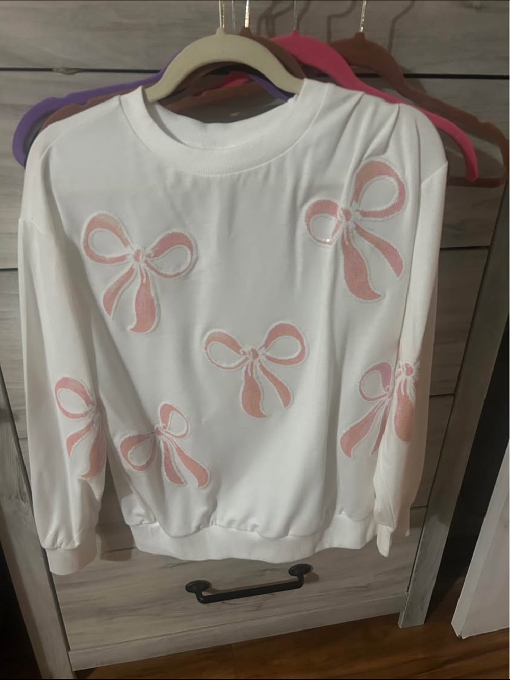 White Sweatshirt with Pink Sequin Bow- Women's Top